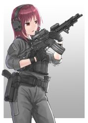 1girl aiming alternate_costume angel_beats! assault_rifle belt black_gloves black_pants border commentary_request commission contrapposto cowboy_shot d-sawa613 earmuffs elcan_scope glock gloves gradient_background grey_background gun handgun highres iwasawa_masami laser_aiming_module m4_carbine m4_carbine pants red_eyes red_hair rifle short_hair skeb_commission solo weapon white_border