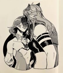animal_ears breasts cleavage clothes_grab evil_smile final_fantasy final_fantasy_xiv furry furry_with_non-furry greyscale head_tilt highres hrothgar hyur interspecies lion_ears lion_girl looking_at_another monochrome necktie necktie_grab neckwear_grab queen_sphene sabato_n shaded_face smile sphene_(ff14) tiara upper_body wuk_lamat