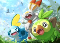 absurdres black_eyes blue_eyes blurry bright_pupils closed_eyes cloud commentary_request corviknight corvisquire day eldegoss falling_leaves fang fangs from_below gen_8_pokemon grass grookey highres leaf nintendo no_humans open_mouth outdoors pokemon pokemon_(creature) ria_(mari1101) rookidee scorbunny sky sobble starter_pokemon_trio tongue tree white_fur