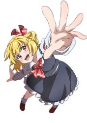 1girl black_skirt black_vest blonde_hair brown_shoes frills full_body gyouza_(mhea5724) highres long_sleeves looking_at_viewer medium_hair neckerchief open_mouth reaching reaching_towards_viewer red_eyes red_neckerchief ribbon rumia shirt shoes skirt smile socks solo teeth touhou upper_teeth_only vest white_background white_shirt white_socks
