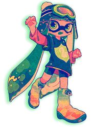 Rule 34 | 1girl, artist name, beanie, blue boots, blue hair, blue hat, blue shirt, blue shorts, blush stickers, boots, colored tongue, commentary, earflap beanie, f0rd 5 px, fang, full body, goggles, goggles on headwear, gradient boots, green eyes, green hair, green tongue, hand up, hat, highres, inkling, inkling girl, inkling player character, layered sleeves, long hair, long sleeves, looking at viewer, multicolored boots, multicolored hair, nintendo, open mouth, pac-man eyes, pink boots, pom pom (clothes), pom pom beanie, print shirt, shirt, short over long sleeves, short sleeves, shorts, smile, solo, splatoon (series), standing, standing on one leg, t-shirt, tentacle hair, twintails, two-tone hair, very long hair, white background