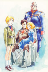 1970s_(style) 1980s_(style) 1girl 3boys artesia_som_deikun bald beard belt blonde_hair boots brown_hair casval_rem_deikun chair child degwin_sodo_zabi dress emblem facial_hair family fat fat_man formal_clothes glasses gundam highres insignia manly military military_uniform mobile_suit_gundam multiple_boys necktie old oldschool painting_(medium) promotional_art retro_artstyle scan scarf science_fiction serious shorts siblings sitting sitting_on_lap sitting_on_person size_difference socks traditional_media white_socks yasuhiko_yoshikazu zeon zeon_zum_deikun