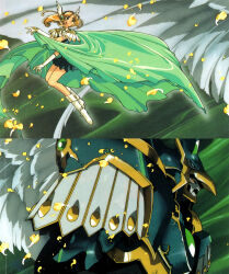 Rule 34 | 1girl, alternate costume, animage, armor, armored dress, blonde hair, boots, cape, dress, falling petals, gloves, green cape, green eyes, highres, hououji fuu, magazine scan, magic knight rayearth, mecha, official alternate costume, official art, petals, robot, scan, white footwear, white gloves, windam (rayearth)