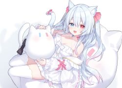 1girl :d absurdres animal_ear_fluff animal_ears bare_shoulders blue_eyes blue_hair blush breasts cat_ears cat_girl cat_tail choker cleavage commentary commission dress feet_out_of_frame hair_between_eyes heterochromia highres hiraga_matsuri holding holding_stuffed_toy indie_virtual_youtuber kanzaki_ririka long_hair long_sleeves looking_at_viewer open_mouth red_eyes simple_background sitting skeb_commission smile solo stuffed_animal stuffed_cat stuffed_toy tail thighhighs virtual_youtuber white_background white_choker white_dress white_thighhighs