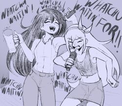 2girls :d ^_^ arm_up aubrey_(faraway)_(omori) aubrey_(omori) bare_arms bare_shoulders bow_hairband cabronpr clenched_hand closed_eyes collarbone collared_shirt commentary contrapposto cowboy_shot cup denim denim_skirt double-parted_bangs english_commentary english_text fingernails greyscale hair_behind_ear hair_between_eyes hairband hand_up highres holding holding_cup holding_microphone liquid long_hair mari_(faraway)_(omori) mari_(omori) microphone midriff monochrome multiple_girls music omori open_mouth pants shirt shirt_tucked_in shorts shorts_under_skirt singing skirt sleeveless sleeveless_shirt smile tank_top teeth tongue upper_teeth_only