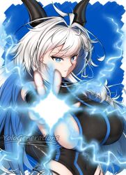 blue_eyes blue_hair chinese_clothes dragon_girl dragon_horns dragon_tail highres horns lightning original serious tail white_hair yolo_generations