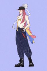 Rule 34 | 11 1001 11, 1girl, black boots, blush, boots, bracelet, closed mouth, full body, glasses, hands in pockets, hat, highres, jewelry, kpop demon hunters, long hair, mira (kpop demon hunters), pink hair, purple background, simple background, sleeveless, solo