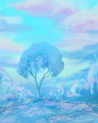 Rule 34 | artist name, blue sky, blue theme, blurry, depth of field, field, flower, flower field, forest, landscape, meadow, nature, no humans, original, outdoors, painterly, pastel colors, pink clouds, scenery, signature, sky, too many flowers, tree, zandra