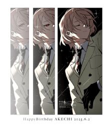 1boy 2025 akechi_gorou black_gloves brown_hair gloves grey_jacket happy_birthday highres jacket male_focus multiple_views persona persona_5 red_eyes short_hair solo upper_body white_background zeka_(skzk_cm)