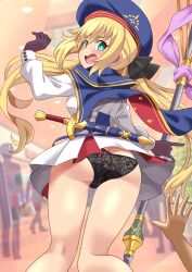 1boy 1girl artoria_caster_(fate) artoria_caster_(second_ascension)_(fate) artoria_pendragon_(fate) ass bare_legs black_panties blue_capelet blue_hat blush bright_pupils butt_crack capelet clothes_lift dress dress_lift fate/grand_order fate_(series) flustered from_behind gloves green_eyes hat highres holding holding_staff lace lace_panties lingerie long_hair long_sleeves looking_back open_mouth panties pleated_dress pov pov_hands shimouki_izui skirt skirt_flip staff staff_of_selection_(fate) sword trefoil underwear w_arms weapon white_dress white_pupils