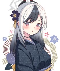 1girl absurdres black_choker black_hair black_horns black_kimono blue_archive blush choker commentary demon_horns ear_piercing flower grey_hair hair_flower hair_ornament hairclip halo highres horns japanese_clothes kayoko_(blue_archive) kayoko_(new_year)_(blue_archive) kimono long_hair looking_at_viewer official_alternate_costume official_alternate_hairstyle parted_lips piercing red_eyes setteiset solo swept_bangs