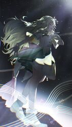 1girl 968_yotuba absurdres back_bow bare_legs bow buttons check_commentary choker closed_eyes coattails commentary_request floating_hair full_body fur-trimmed_shoes gloves green_choker green_hair green_shoes green_skirt hair_between_eyes hair_ornament hand_on_own_chest hand_up highres jacket kusanagi_nene lapels long_hair low-tied_sidelocks music musical_staff night night_sky open_mouth overskirt project_sekai puffy_short_sleeves puffy_sleeves shoes short_sleeves sidelocks singing skirt sky solo standing star_(sky) starry_sky three_quarter_view white_bow white_gloves white_jacket yellow_skirt