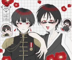 Rule 34 | 2boys, axis powers hetalia, black hair, camellia, color connection, earrings, eye color connection, flower, hair color connection, highres, japan (hetalia), japanese clothes, jewelry, male focus, multiple boys, red eyes, servamp, short hair, somari831, sunglasses, tsubaki (servamp)
