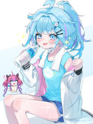 Rule 34 | 2girls, absurdres, ahoge, blue eyes, blue hair, blue shirt, blush, bottle, bow, braid, dolphin shorts, earrings, flow glow (hololive), hair bow, hair flaps, hair intakes, hair ornament, hair scrunchie, hairclip, highres, hololive, hololive dev is, jacket, jewelry, kikirara vivi, lightning ahoge, long hair, looking at viewer, mizumiya su, multicolored hair, multiple girls, nishi ao, open mouth, paid reward available, pink hair, pink streaks, ponytail, purple hair, scrunchie, shirt, shorts, smile, solo focus, sparkle, streaked hair, stud earrings, sweat, sweatdrop, towel, towel around neck, twintails, two-tone hair, virtual youtuber, water bottle, white jacket, white shirt, x hair ornament
