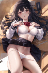 1girl blush bra breasts brown_hair cleavage clothes_lift highres large_breasts long_hair long_sleeves looking_at_viewer lying mhru navel on_back open_mouth original panties red_eyes skirt solo thighs underwear white_bra white_panties