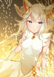 Rule 34 | 1girl, absurdres, akiran&#039;nu, bad id, bad pixiv id, blonde hair, blue eyes, dragon girl, dragon horns, dragon wings, dress, female focus, hair ribbon, highres, horns, looking at viewer, myr (p&amp;d), parted lips, puzzle &amp; dragons, ribbon, scales, short hair, solo, sparkle, white dress, wings