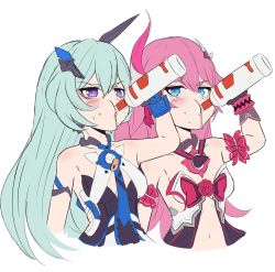 2girls absurdres alcohol bags_under_eyes bare_shoulders blue_eyes blue_gloves blue_hair commentary drinking english_commentary gloves hair_between_eyes hair_ornament highres holding honkai_(series) honkai_impact_3rd horns liliya_olenyeva long_hair meme multiple_girls navel pink_gloves pink_hair qoqo rozaliya_olenyeva siblings simple_background single_horn sisters twins vodka white_background
