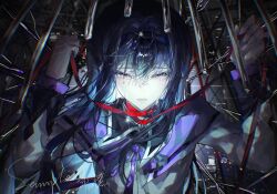 1girl akemi_homura black_capelet black_hair black_hairband blue_hair bow bowtie bright_pupils cage capelet chinese_commentary cityscape colored_inner_hair commentary_request crack cracked_glass crying crying_with_eyes_open dress frown hair_between_eyes hairband half-closed_eyes highres holding holding_ribbon in_cage layered_sleeves lips long_hair long_sleeves magical_girl mahou_shoujo_madoka_magica mahou_shoujo_madoka_magica_(anime) multicolored_hair neck_ribbon niangao89305 night night_sky open_mouth outdoors pink_lips purple_bow purple_bowtie purple_capelet purple_eyes red_pupils red_ribbon ribbon sad sample_watermark sidelocks sky solo straight-on teardrop tears two-tone_capelet upper_body very_long_hair watermark white_dress