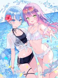 2girls :d bikini black_bikini blue_eyes blue_hair breasts cleavage closed_mouth eyewear_on_head flower frilled_bikini frills green_eyes green_nails hair_flower hair_ornament hairclip heart heart-shaped_eyewear hibiscus highres hololive hoshimachi_suisei long_hair multicolored_nails multiple_girls nail_polish navel open_mouth pink-tinted_eyewear purple_hair purple_nails see-through_clothes see-through_shirt shirt short_hair small_breasts smile swim_ring swimsuit tinted_eyewear tokoyami_towa v virtual_youtuber water white_bikini white_flower white_shirt x_hair_ornament yuzuriha_(nx_e78)