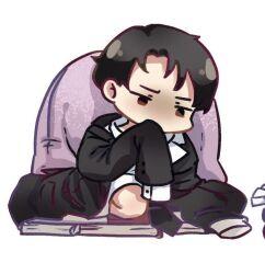 1boy :| bean_bag_chair black_eyes black_hair black_suit chibi chibi_only closed_mouth collared_shirt covering_own_mouth formal_clothes kneeling library_of_ruina male_focus narrowed_eyes oversized_clothes project_moon roland_(project_moon) second-party_source shirt short_hair solo suit white_background white_shirt wuruko