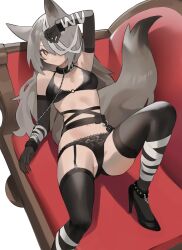 1girl animal_ears bandaged_arm bandaged_leg bandages belt black_bra bra breasts chain commission couch covered_face detached_sleeves garter_straps grey_hair high_heels hood_(james_x) long_hair medium_breasts on_couch one_eye_covered orange_eyes original panties spread_legs tail thighhighs underwear white_background yellow_eyes