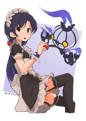 1girl absurdres alternate_costume apron black_dress blue_background blue_fire blue_hair brown_eyes ch2haya_p chandelure commentary dress enmaided fire flat_chest frilled_apron frills garter_straps gen_5_pokemon highres idolmaster idolmaster_(classic) kisaragi_chihaya light_blush long_hair maid maid_apron maid_headdress nintendo open_mouth poke_ball poke_ball_(basic) pokemon pokemon_(creature) short_sleeves symbol-only_commentary thighhighs white_apron white_background wrist_cuffs