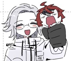 aotsuki_eito black_hair blush dotted_line drawstring eyelashes glasses hand_up holding_chibi jacket open_mouth parted_hair red_hair simple_background strangling sumino_takumi the_hundred_line_-last_defense_academy- white_background white_jacket zipper zipper_pull_tab