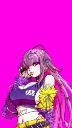 1girl absurdres belt black_choker breasts choker cleavage closed_mouth commentary_request fingernails fur_sleeves highres hironoshin_110 large_breasts lips long_hair looking_at_viewer midriff nanashi_inc. navel one_eye_closed pink_background purple_belt purple_eyes purple_hair purple_nails purple_sleeves purple_sports_bra simple_background skirt solo sports_bra upper_body uruwashi_ririri very_long_hair yellow_skirt