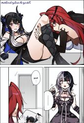 Rule 34 | 3girls, black arm warmers, black choker, black dress, black gloves, black horns, black nails, black thighhighs, black vest, blue hair, breasts, caught, choker, cleavage, colored inner hair, dress, elizabeth rose bloodflame, elizabeth rose bloodflame (1st costume), gloves, grey hair, highres, hololive, hololive english, horns, knees up, large breasts, long hair, melodyluckycat, mole, mole under eye, multicolored hair, multiple girls, nerissa ravencroft, nerissa ravencroft (1st costume), red eyes, red hair, red nails, ribbon, shiori novella, shiori novella (1st costume), shirt, split-color hair, striped arm warmers, sweatdrop, thighhighs, vest, virtual youtuber, walk-in, white ribbon, white shirt, yellow eyes, yuri