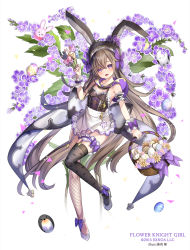 1girl :d animal_ears apron armlet artist_name asymmetrical_legwear back_bow basket between_fingers black_hat black_pantyhose bow brown_hair candy copyright_name detached_hood duranta_(flower_knight_girl) easter easter_egg egg fake_animal_ears fishnet_thighhighs fishnets flower flower_knight_girl flower_ornament food frilled_apron frills hat hat_bow highres holding holding_basket jewelry leotard lollipop long_hair looking_at_viewer mismatched_legwear name_connection object_namesake open_mouth pantyhose playboy_bunny purple_bow purple_eyes rabbit_ears shoes single_leg_pantyhose single_thighhigh smile solo thighhighs thighlet white_apron white_shoes wrist_cuffs yuasa_akira