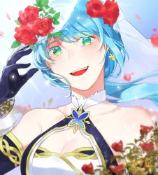1girl bare_shoulders blue_eyes blue_hair breasts cleavage collarbone etain_(mabinogi) green_eyes highres long_hair looking_at_viewer low_ponytail mabinogi ponytail tang_h_mabi