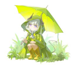 1girl boots demon_tail fractur9d_luna full_body grass green_raincoat green_umbrella highres holding holding_umbrella hood horns original purple_eyes raincoat rubber_boots solo squatting tail umbrella white_background white_hair