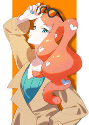 Rule 34 | 1girl, adjusting eyewear, aoi (altea0923), aqua eyes, aqua shirt, arm up, black-framed eyewear, breasts, brown coat, coat, collarbone, eyewear on head, hair ornament, heart, heart hair ornament, highres, long hair, nail polish, nintendo, orange-tinted eyewear, orange hair, pokemon, pokemon swsh, ribbed shirt, shirt, side ponytail, solo, sonia (pokemon), sunglasses, swept bangs, tinted eyewear, v-neck, wavy hair