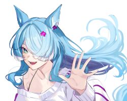 Rule 34 | 1girl, :d, absurdres, animal ears, aqua eyes, blue hair, breasts, cleavage, commentary, elira pendora, elira pendora (1st costume), english commentary, fangs, hair over one eye, highres, horse ears, horse girl, horse tail, ive (iveith), long hair, mole, mole on armpit, nijisanji, nijisanji en, open mouth, simple background, single off shoulder, smile, solo, tail, virtual youtuber, waving, white background