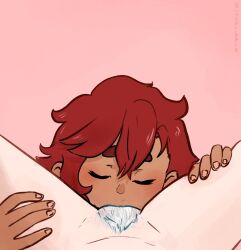 2girls closed_eyes cunnilingus dark-skinned_female dark_skin female_pov gundam gundam_suisei_no_majo hands_on_another&#039;s_thighs highres long_hair miorine_rembran multiple_girls oral pink_background pov pubic_hair red_hair simple_background suletta_mercury sunspicepie thick_eyebrows yuri