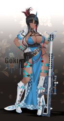 1girl bare_hips belt black_hair boots breasts bullet cleavage dark-skinned_female dark_skin full_body gloves gun highres holster horns kangaruu_(momotk1109) large_breasts long_hair long_sidelocks multicolored_hair multiple_belts multiple_thigh_straps oni original pelvic_curtain purple_eyes red_hair rifle romaji_text shiny_skin single_horn skindentation sniper_rifle solo thick_thighs thighs tsurime two-tone_hair very_long_hair very_long_sidelocks weapon white_boots white_gloves