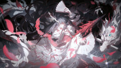 1boy absurdres aqua_eyes black_eyes black_hair chinese_clothes chinese_commentary cloak closed_mouth cowboy_shot dragon e.g.o_(project_moon) eastern_dragon eastern_dragon_horns facial_mark falling_petals glint hagoromo hand_fan hanfu heterochromia highres holding holding_fan hong_lu_(project_moon) horn_ornament horn_ring horns limbus_company long_hair long_sleeves looking_down male_focus petals project_moon rain red_hanfu scroll shawl single_horn smile solo tears_of_the_tarnished_blood_(e.g.o) third_eye tokulily white_cloak wide_sleeves