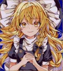 1girl 870hanamarumomo black_dress blonde_hair braid dated dress hat juliet_sleeves kirisame_marisa long_hair long_sleeves looking_at_viewer own_hands_together puffy_sleeves side_braid signature smile solo touhou traditional_media witch_hat yellow_eyes