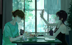 Rule 34 | 2girls, absurdres, applying manicure, black eyes, black hair, black tank top, blunt sidelocks, book, breasts, brown hair, closed mouth, collar, commentary request, concentrating, cosmetics, curtains, day, earrings, expressionless, eyelashes, flower, from side, glass bottle, green shirt, hair bun, hand up, highres, holding hands, indoors, jewelry, long hair, looking at another, looking at hand, medium breasts, medium hair, multiple girls, nail polish, nail polish bottle, nail polish brush, original, outstretched hand, painting nails, parted lips, plant, potted plant, rain, red eyes, red lips, ringoru, shirt, sidelocks, sitting, slice of life, smile, spaghetti strap, stud earrings, t-shirt, table, tank top, tree, upper body, water drop, white flower, window