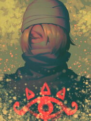 1girl artist_name asymmetrical_bangs bellhenge blonde_hair blue_bodysuit bodysuit closed_eyes commentary english_commentary eye_print eyelashes fog green_background hair_over_one_eye helmet mask mouth_mask ninja nintendo pointy_ears reverse_trap sheik short_hair solo the_legend_of_zelda the_legend_of_zelda:_ocarina_of_time upper_body white_headwear white_mask