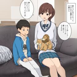 Rule 34 | 1boy, 1girl, age difference, black eyes, black hair, blue jacket, bow, bowtie, breasts, brother and sister, brown eyes, brown hair, cardigan, child, collared shirt, couch, feet out of frame, hands on own thighs, highres, holding, holding stuffed toy, hood, hood down, hooded shirt, indoors, jacket, large breasts, long sleeves, looking at another, miniskirt, older sister, open clothes, open jacket, open mouth, original, plaid clothes, plaid skirt, pleated skirt, ponytail, sex ed, shirt, short hair, siblings, sitting, skirt, speech bubble, stuffed animal, stuffed toy, swept bangs, talking, translated, two-tone bow, two-tone bowtie, v-shaped eyebrows, very short hair, wakamatsu372, white cardigan, white shirt