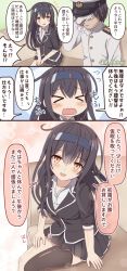&gt;_&lt; 1boy 1girl 3koma admiral_(kancolle) ahoge blush comic gloves hat hatsushimo_(kancolle) headband highres jacket kantai_collection lap long_hair long_sleeves looking_at_viewer military_hat military_jacket ootori_(kyoya-ohtori) open_mouth shirt single_thighhigh skirt sleeves_rolled_up speech_bubble tears thighhighs thighs translation_request white_shirt