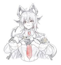 1girl arm_pouch armband bags_under_eyes biscuitaart black_armband black_choker black_gloves black_horns black_jacket black_pouch black_tail chest_harness choker collared_shirt commentary cracking_knuckles curled_horns demon_tail english_commentary gloves grey_hair hair_between_eyes harness highres horns jacket jacket_on_shoulders large_ribbon long_hair looking_at_viewer multicolored_hair necktie parted_lips red_eyes red_necktie shirt simple_background solo streaked_hair tail white_background white_shirt wuthering_waves zani_(wuthering_waves)
