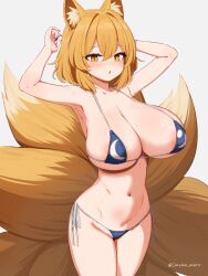 1girl areola_slip armpits bikini blonde_hair blue_bikini breasts fox_tail grey_background hair_between_eyes huge_breasts large_areolae looking_at_viewer marota multiple_tails navel short_hair side-tie_bikini_bottom simple_background solo stomach string_bikini swimsuit tail touhou twitter_username yakumo_ran yellow_eyes