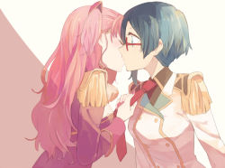 10s 2girls blue_hair blush charlotte_scherzen charlotte_shalzen closed_eyes clothes_grab epaulettes female_focus glasses kiss long_hair looking_at_another md5_mismatch multiple_girls nail_polish necktie necktie_grab neckwear_grab pink_hair pulling red-framed_eyewear shigure_kasumi short_hair sou_(tuhut) surprised upper_body valkyrie_drive valkyrie_drive_-mermaid- yuri