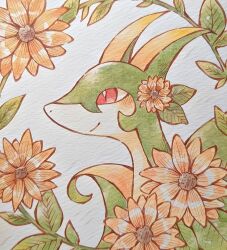 Rule 34 | 1other, blush, flower, gen 5 pokemon, highres, nintendo, no humans, painting (medium), pokemon, pokemon (creature), rai (rai kw), red eyes, serperior, snake, snout, solo, traditional media, watercolor (medium), yellow flower