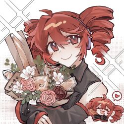 ahoge bag baguette bare_shoulders birthday black_shirt black_sleeves bouquet bread chibi clone collared_shirt detached_sleeves donut drill_hair drooling flower food hair_between_eyes headphones heart highres holding holding_bouquet kasane_teto looking_at_viewer paper_bag pink_flower pink_rose plastic_bag red_eyes red_flower red_hair red_rose rose shirt sleeveless sleeveless_shirt smile spoken_heart twin_drills upper_body utau white_background white_flower wing_collar yjngshdsng69835