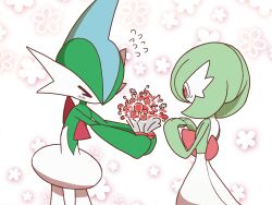&gt;_&lt; 1boy 1girl arms_up back blue_hair blush bob_cut bouquet closed_eyes colored_skin cowboy_shot floral_background flower flying_sweatdrops from_behind gallade gardevoir gen_3_pokemon gen_4_pokemon giving green_hair green_skin hair_over_one_eye hands_up holding holding_bouquet light_blush looking_at_another mohawk monya multicolored_hair multicolored_skin nintendo one_eye_covered outstretched_arms own_hands_together pokemon pokemon_(creature) red_eyes red_flower short_hair standing two-tone_hair two-tone_skin white_background white_skin