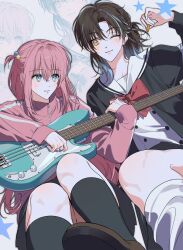 2girls bass_guitar black_hair black_shirt black_skirt black_socks blue_eyes blue_hair blush bocchi_the_rock! bow bowtie brown_shoes closed_mouth commentary_request commission cube_hair_ornament eye_contact fender_precision_bass gotoh_hitori hair_ornament highres holding holding_bass_guitar holding_instrument holding_plectrum instrument ishii_june_(bocchiflash) jacket korean_commentary long_hair looking_at_another multicolored_hair multiple_girls oc_x_canon one_eye_closed one_side_up original pink_hair pink_jacket plectrum red_bow red_bowtie sailor_collar sailor_shirt samgeu school_uniform second-party_source shirt shoes skirt smile socks star_(symbol) streaked_hair track_jacket white_sailor_collar yellow_eyes