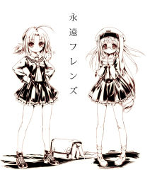 2girls ahoge bag bird clenched_hands eien_no_aselia eternity_sword_series full_body glasses hands_on_own_hips hands_on_own_chest hat highres hitomaru long_hair monochrome multiple_girls natsu_kotori neckerchief ponytail satchel school_uniform serafuku shoes short_hair short_twintails smile sneakers socks sparkle takamine_kaori translated twintails white_background